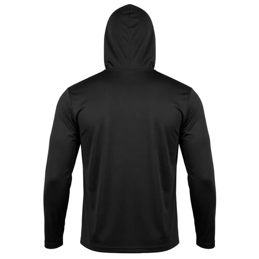 A black long-sleeve hooded athletic shirt shown from the back, displayed on a headless mannequin against a plain white background.