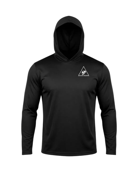 A black long-sleeve athletic hoodie with a small white triangular logo on the left chest, displayed on a clean white background.